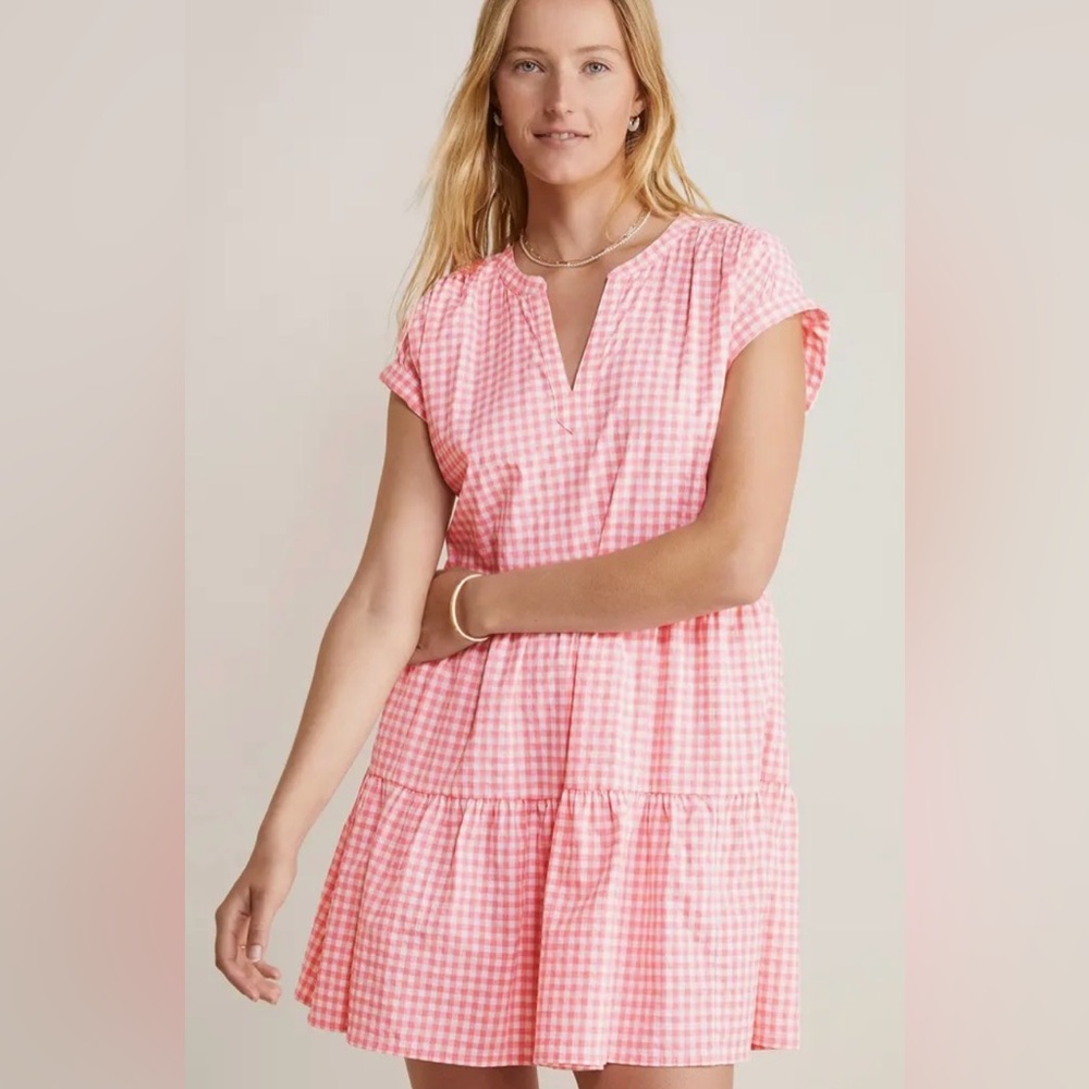 Vineyard Vines Pink Gingham Tiered Short Sleeve Dress - Picture 2 of 8